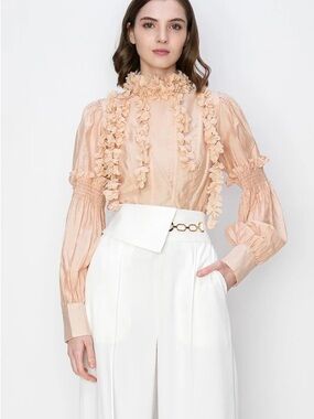 Peach Floral-Appliqué High Neck Blouse